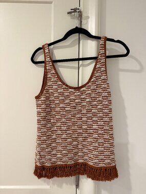 Minnie Rose Textured Stripe Knit Fringe Tank Brown Cream Size L NWT